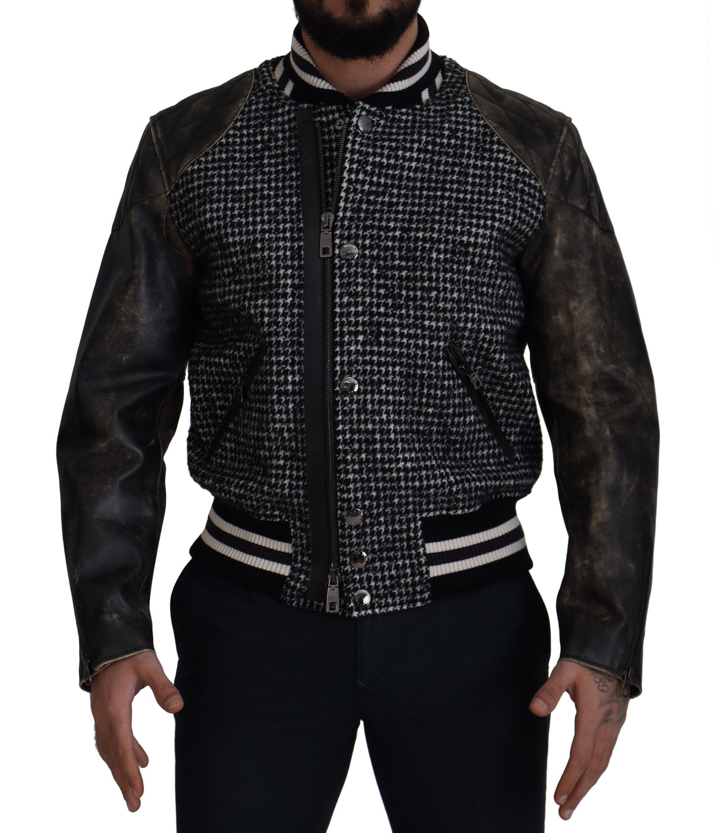 Dolce & Gabbana Multicolor Houndstooth Leather Bomber Jacket