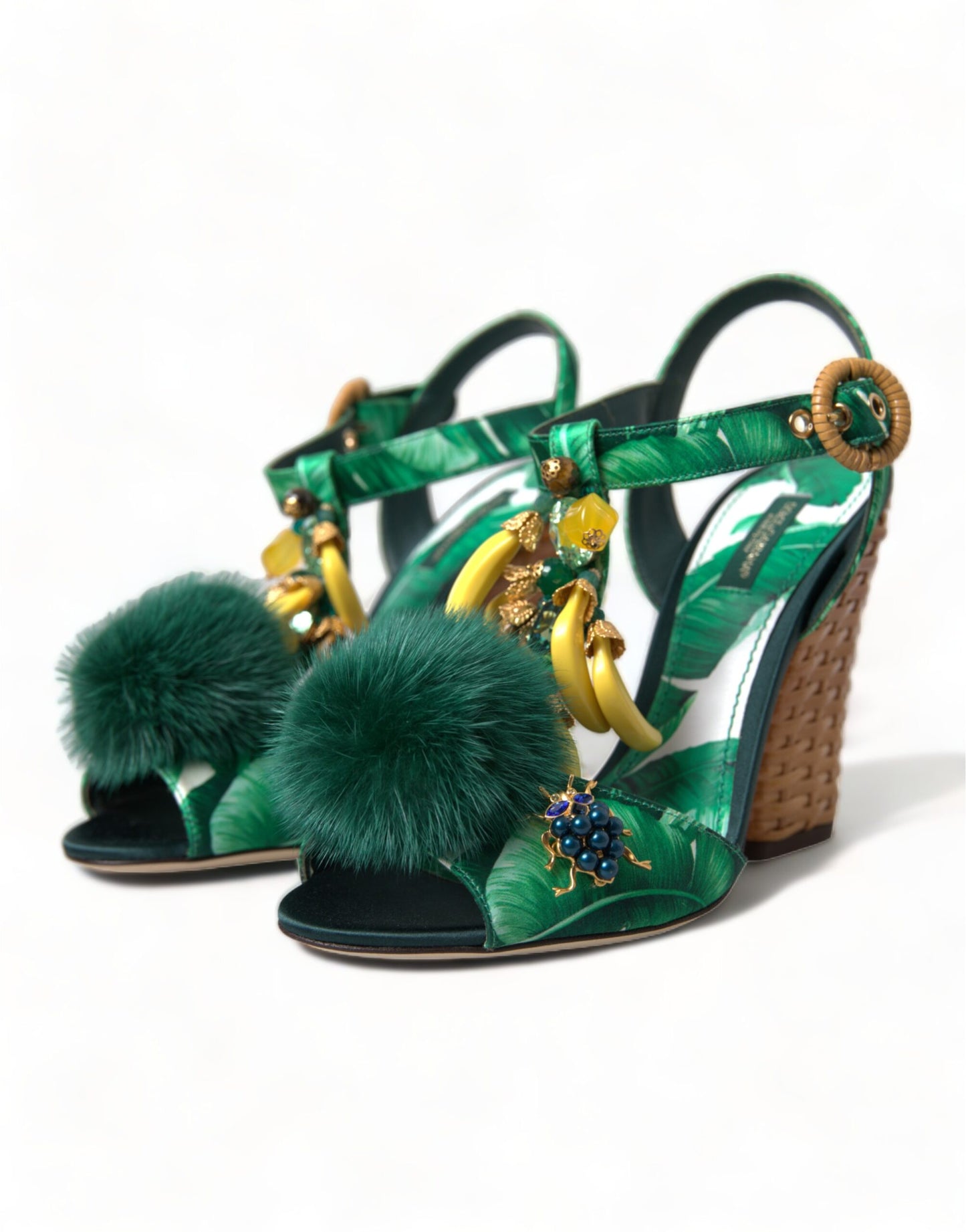 Dolce & Gabbana Green Crystal Mink Fur T-Strap Sandals