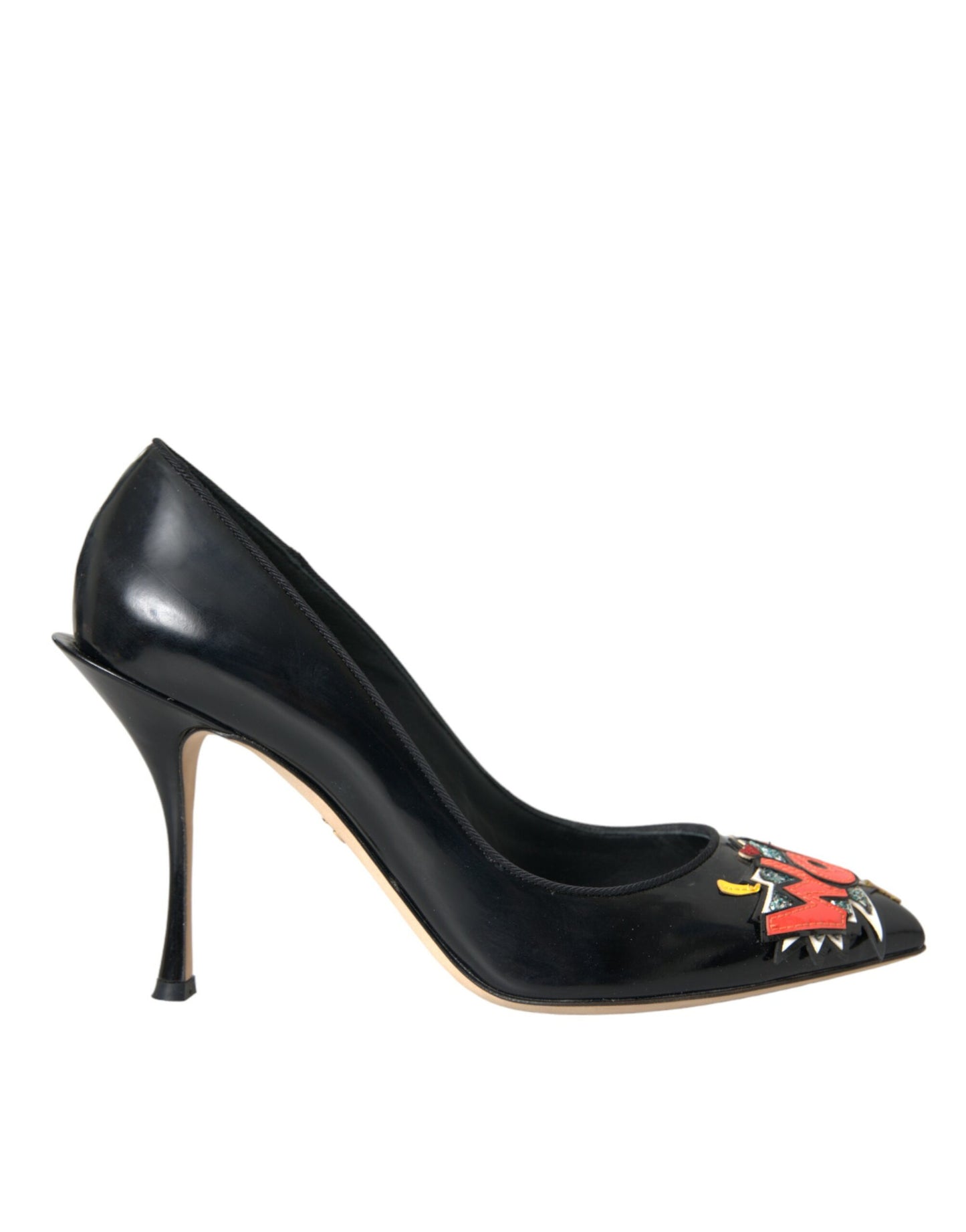 Dolce & Gabbana Black Leather WOW Patch Heels Pumps Shoes