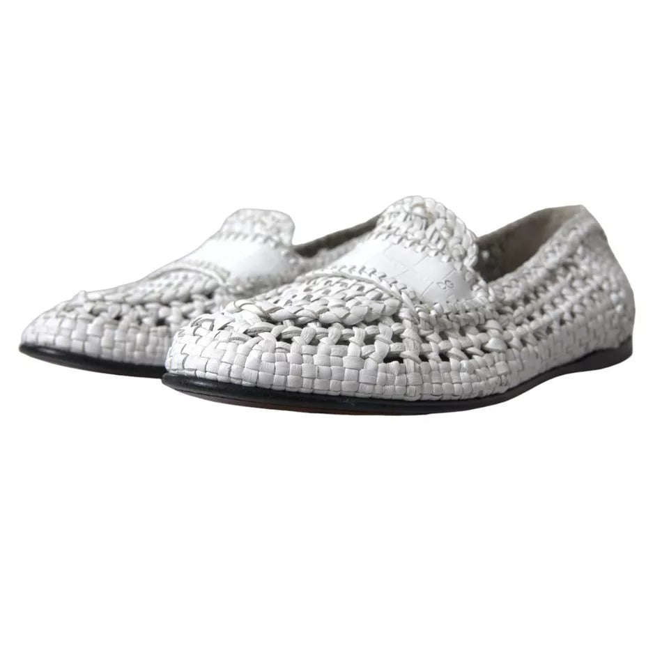 Dolce & Gabbana White Woven Leather Men Slip On Loafers Shoes