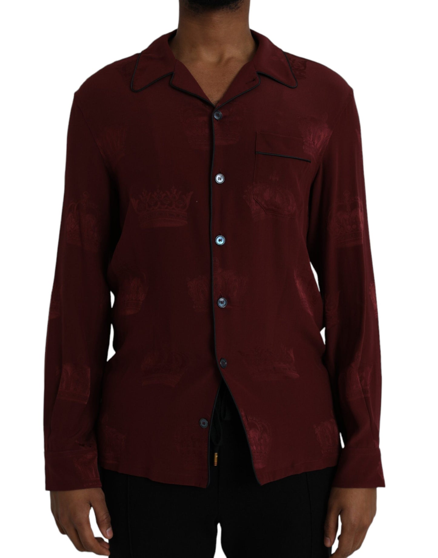 Dolce & Gabbana Maroon Crown Jacquard Silk Long Sleeve Shirt