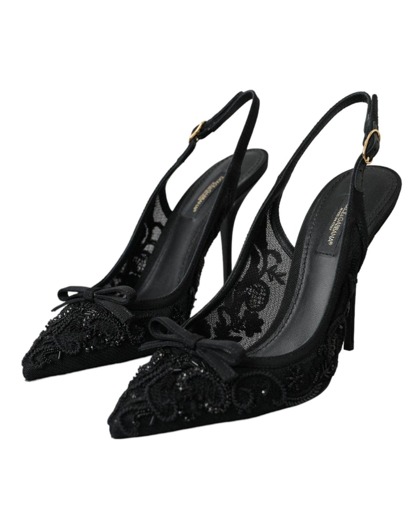 Dolce & Gabbana Black Tulle Ricamo Heels Slingbacks Shoes