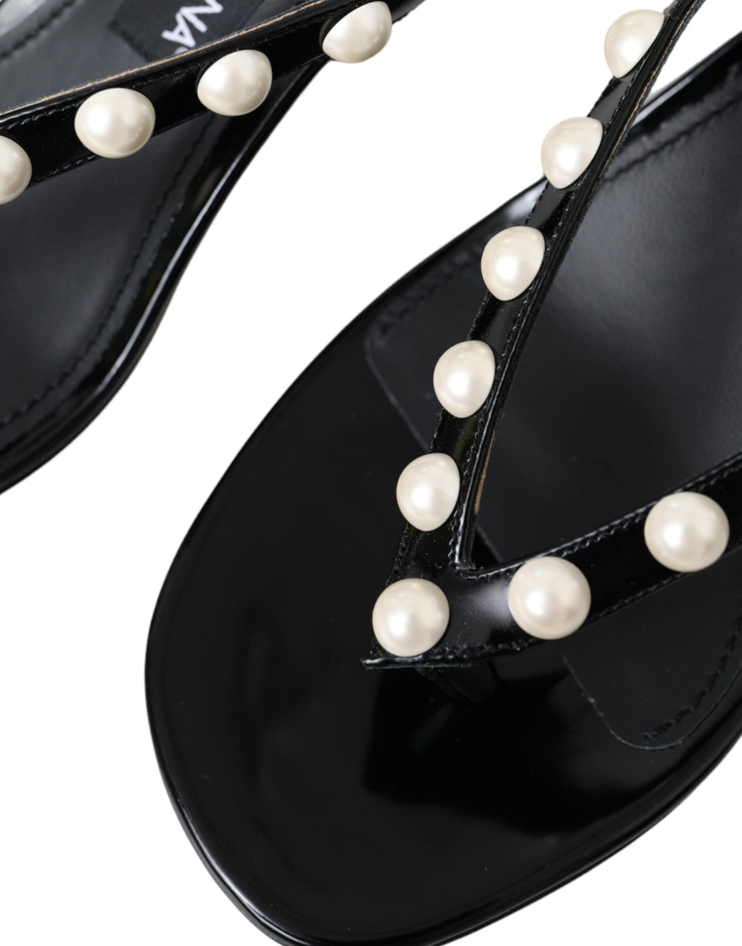 Dolce & Gabbana Black Leather Faux Pearl Heel Sandals Shoes