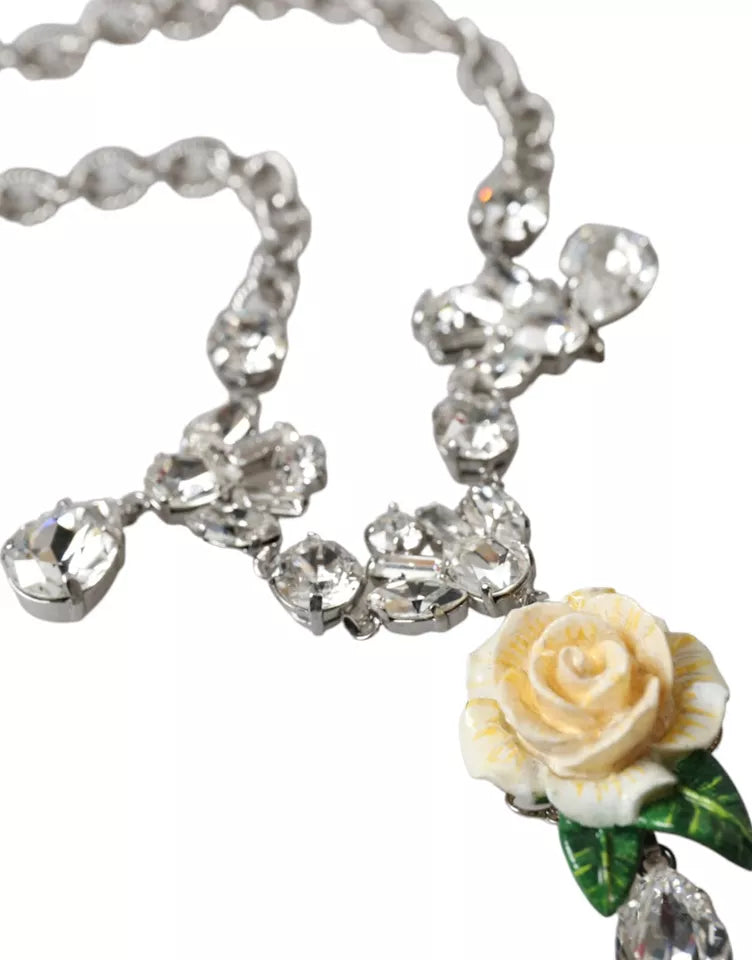 Dolce & Gabbana Silver Brass Clear Crystal Roses Pendants Necklace