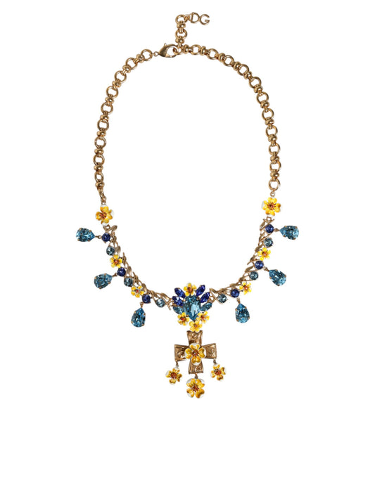 Dolce & Gabbana Gold Brass Chain Floral Crystal Cross Pendant Necklace