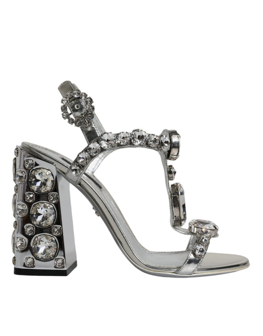 Dolce & Gabbana Silver Leather T-strap Crystal Sandals Shoes