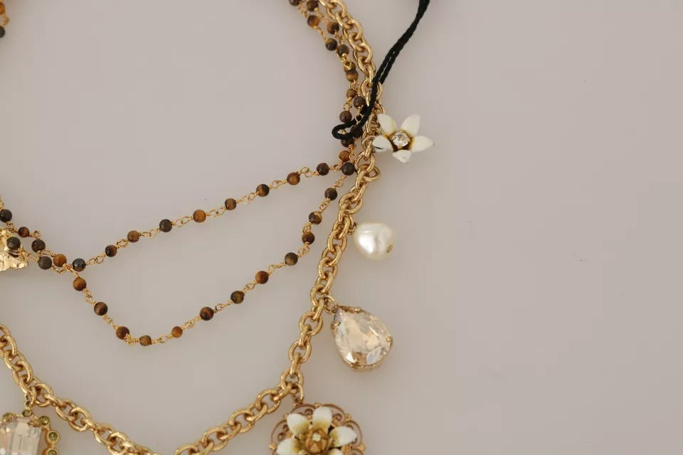 Dolce & Gabbana Gold Brass Crystal Floral Statement Charms Necklace