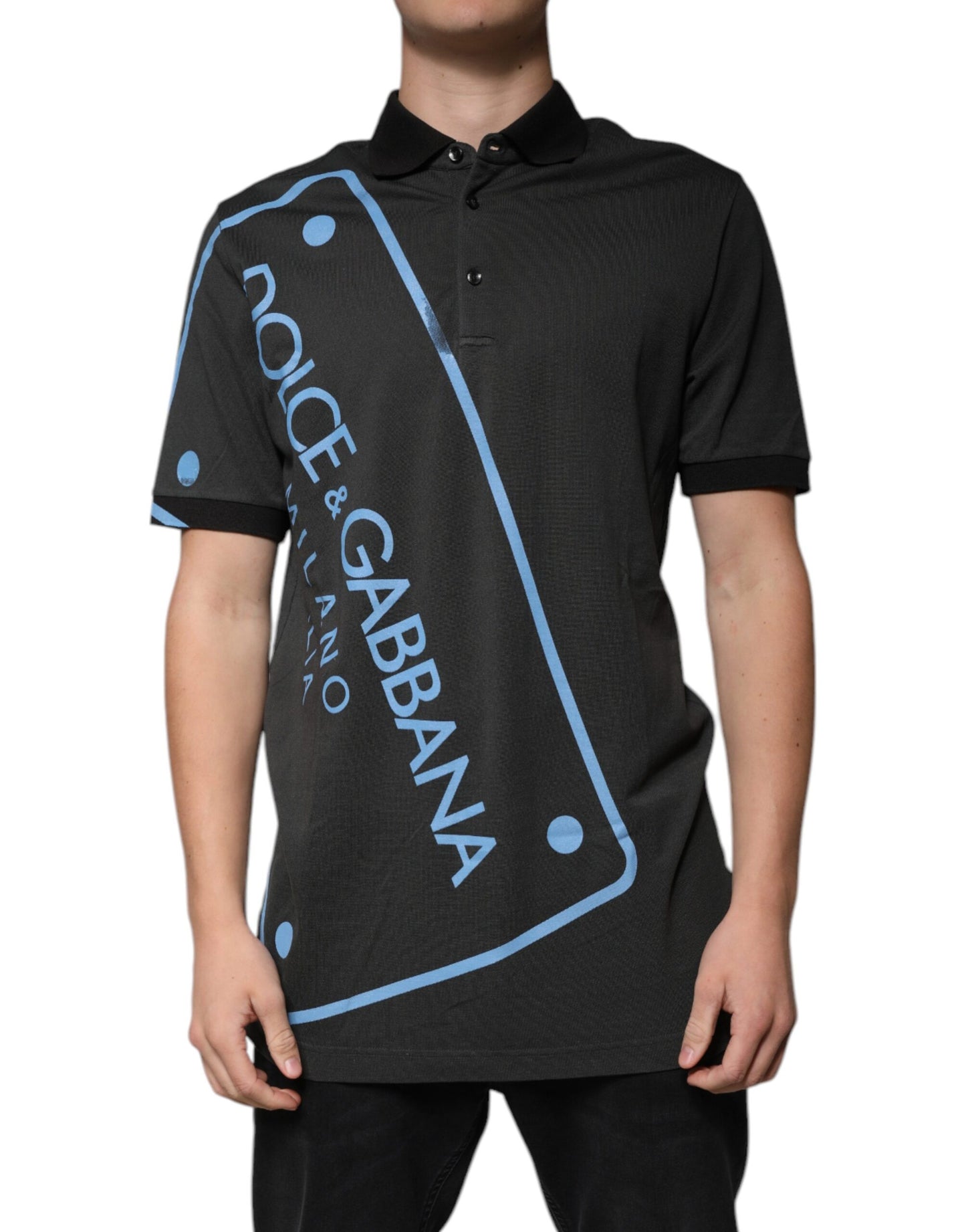 Dolce & Gabbana Black Logo Print Collared Cotton Polo T-shirt