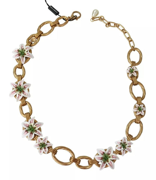 Dolce & Gabbana Gold Brass Oversize Chain LILY Flowers Necklace