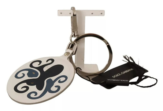 Dolce & Gabbana White Leather Printed Metal Silver Tone Keyring Keychain