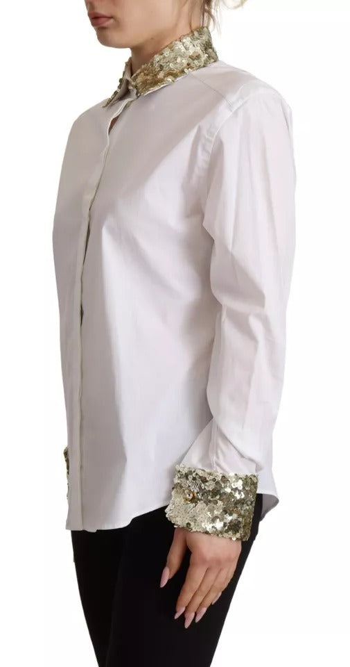 Dolce & Gabbana White Cotton Collared Long Sleeves Sequin Top Shirt