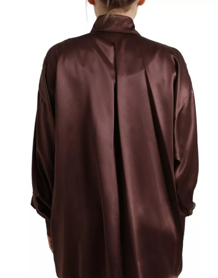 Dolce & Gabbana Brown Silk Collared Long Sleeves Top Blouse