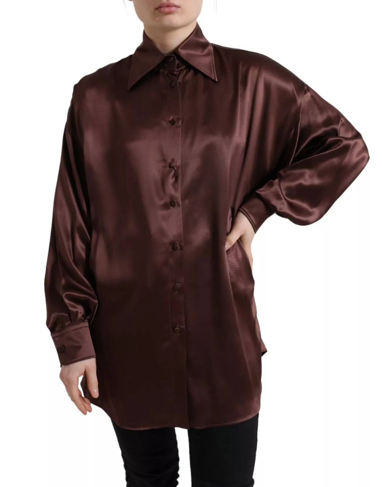 Dolce & Gabbana Brown Silk Collared Long Sleeves Top Blouse