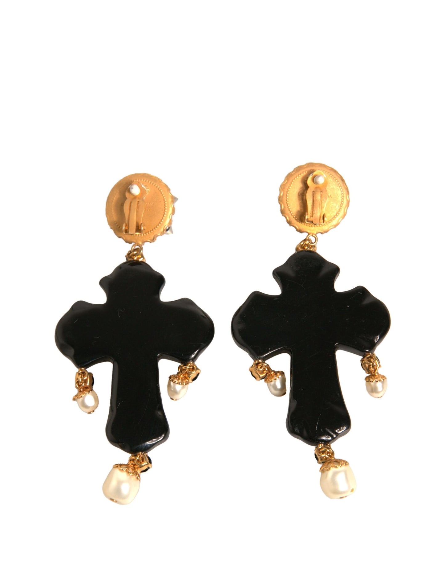 Dolce & Gabbana Black Crystal Cross Crystal Embellished Gold Clip On Earrings