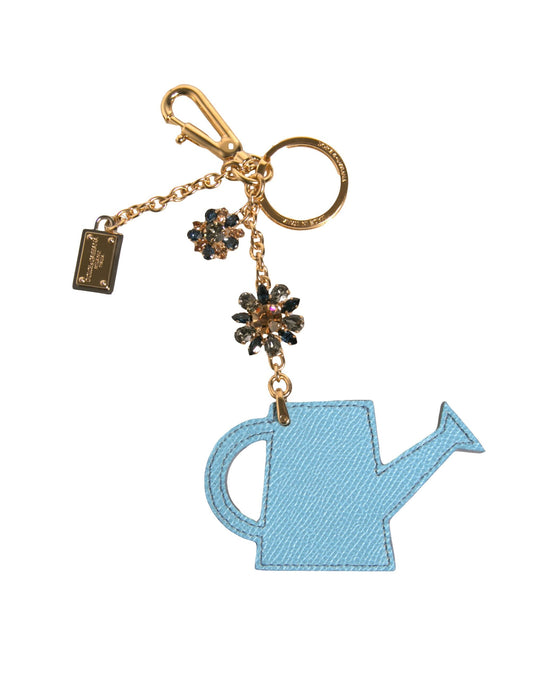 Dolce & Gabbana Blue Leather Watering Can Logo Plaque Keychain Keyring