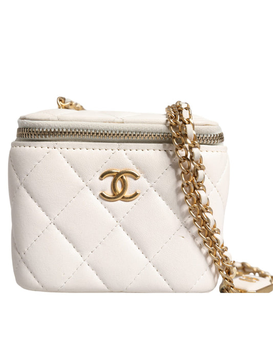 Chanel White Matelasse Lambskin Gold Chain Shoulder Vanity Mirror