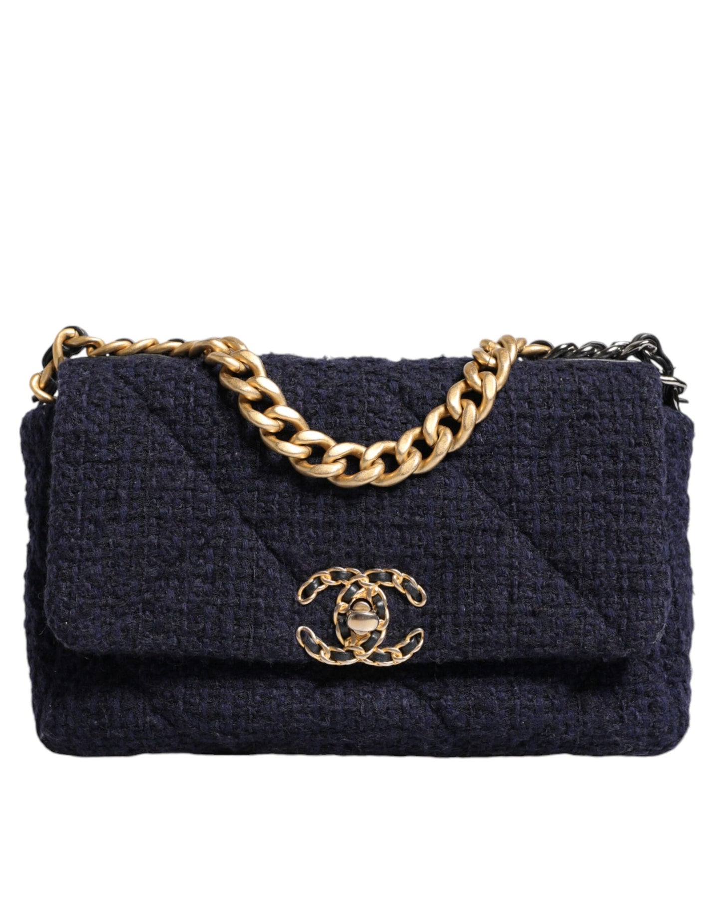 Chanel Dark Blue Medium Flap Tweed CC Gold Gray Chain Shoulder Bag