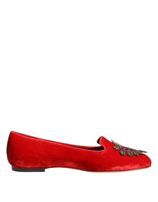 Dolce & Gabbana Red Velvet DG Heart Loafers Flats Shoes