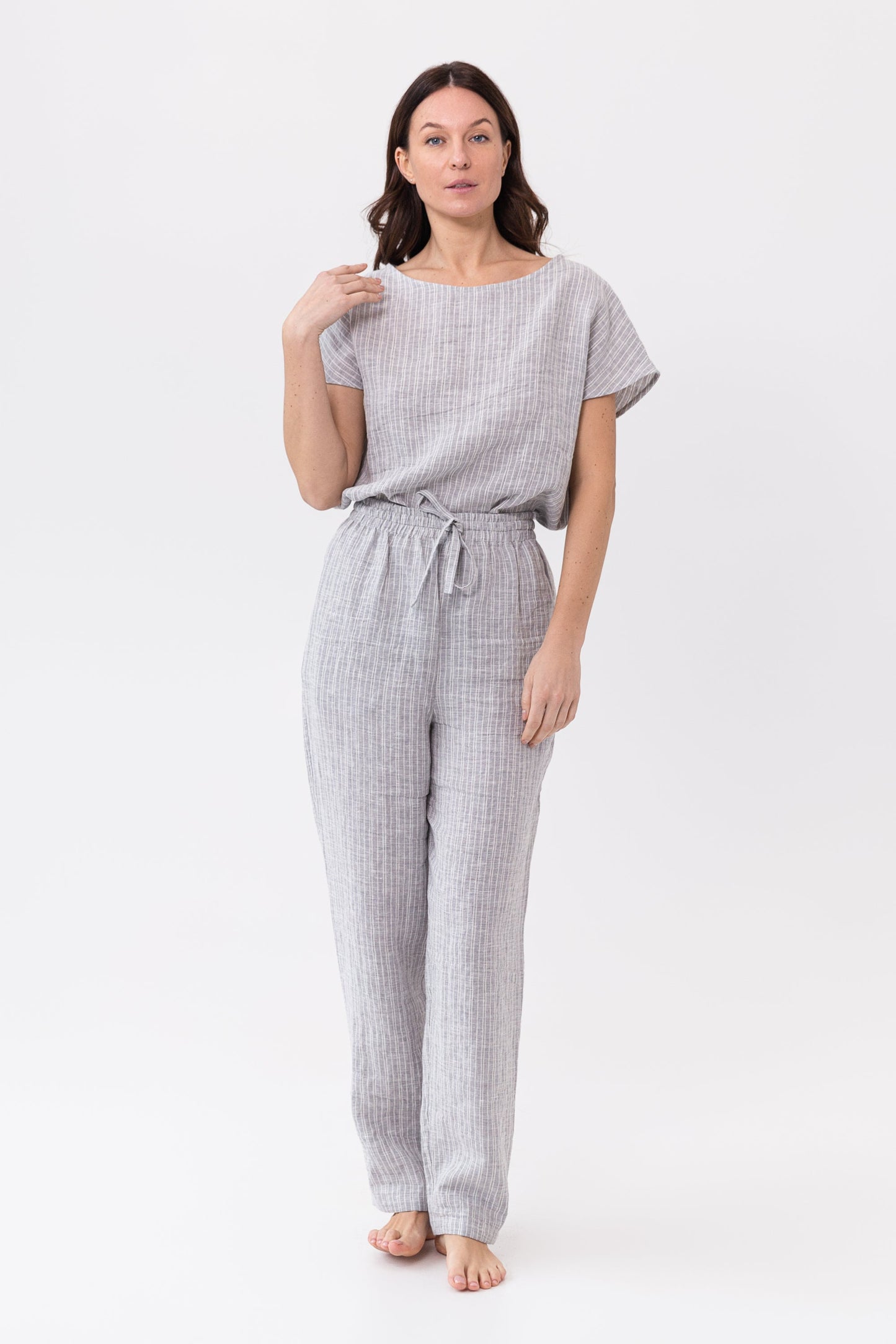 Cloudy Grey Stripe linen / Natural Linen Pajama set / Linen loungewear