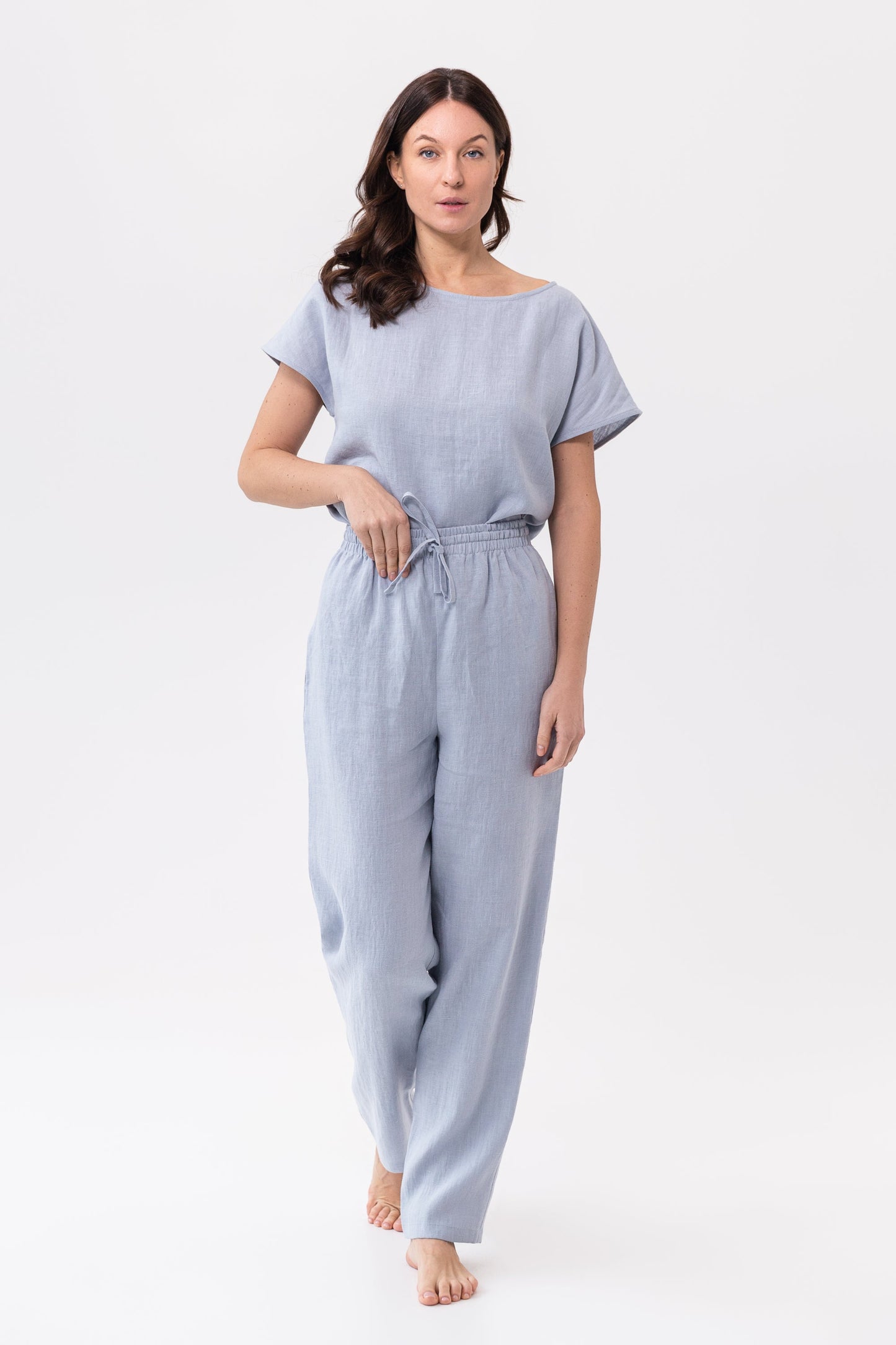 Cloudy Grey Stripe linen / Natural Linen Pajama set / Linen loungewear