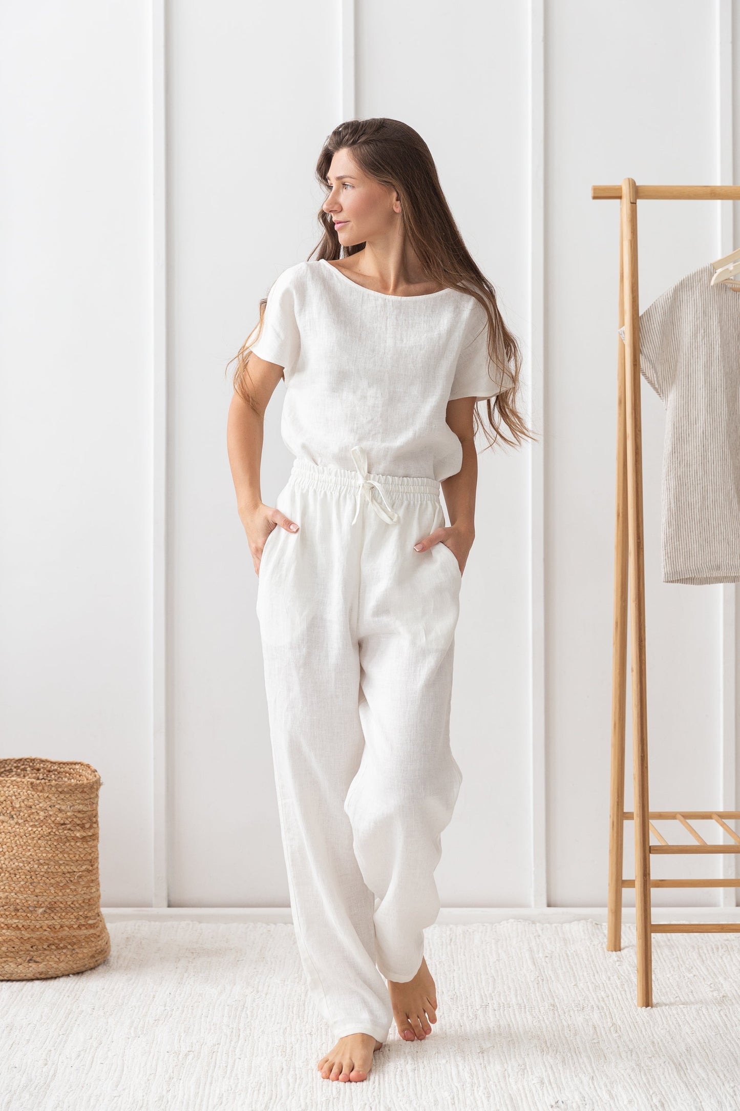 Cloudy Grey Stripe linen / Natural Linen Pajama set / Linen loungewear