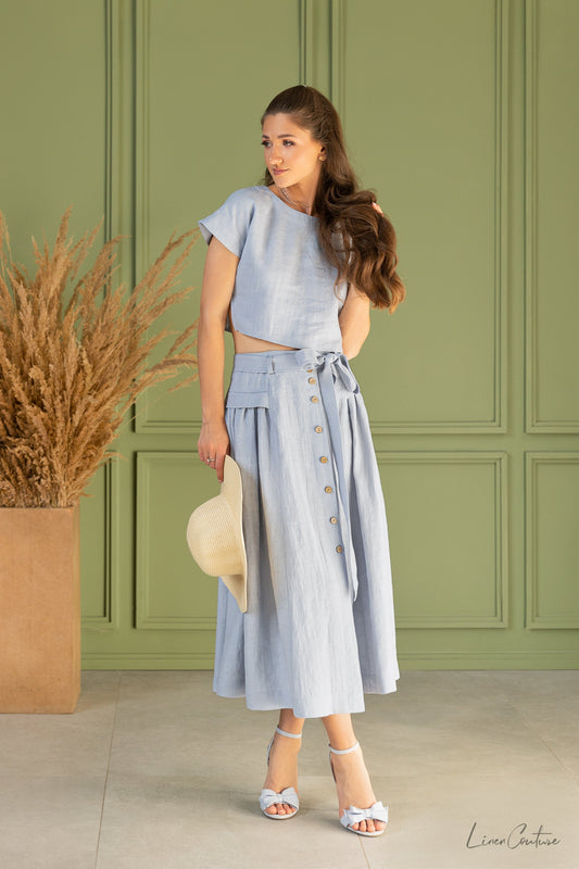 Taormina Ice Blue Linen Crop Top and Midi Skirt Set