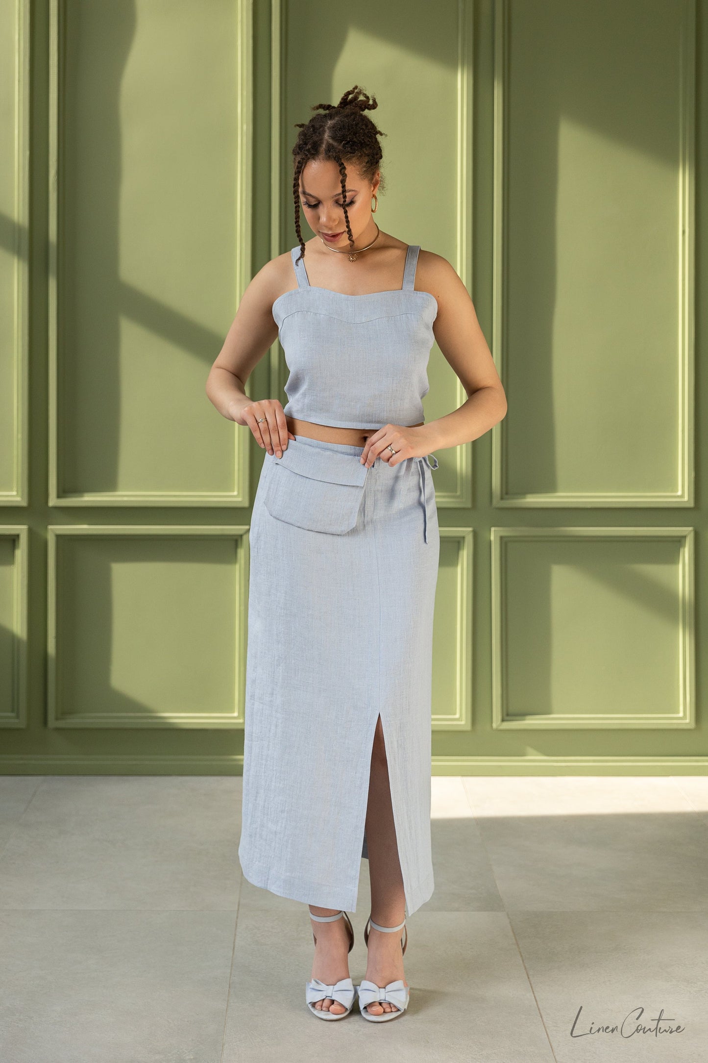 Bella Vita Set in Light Grey | Linen Crop Top and Midi Skirt