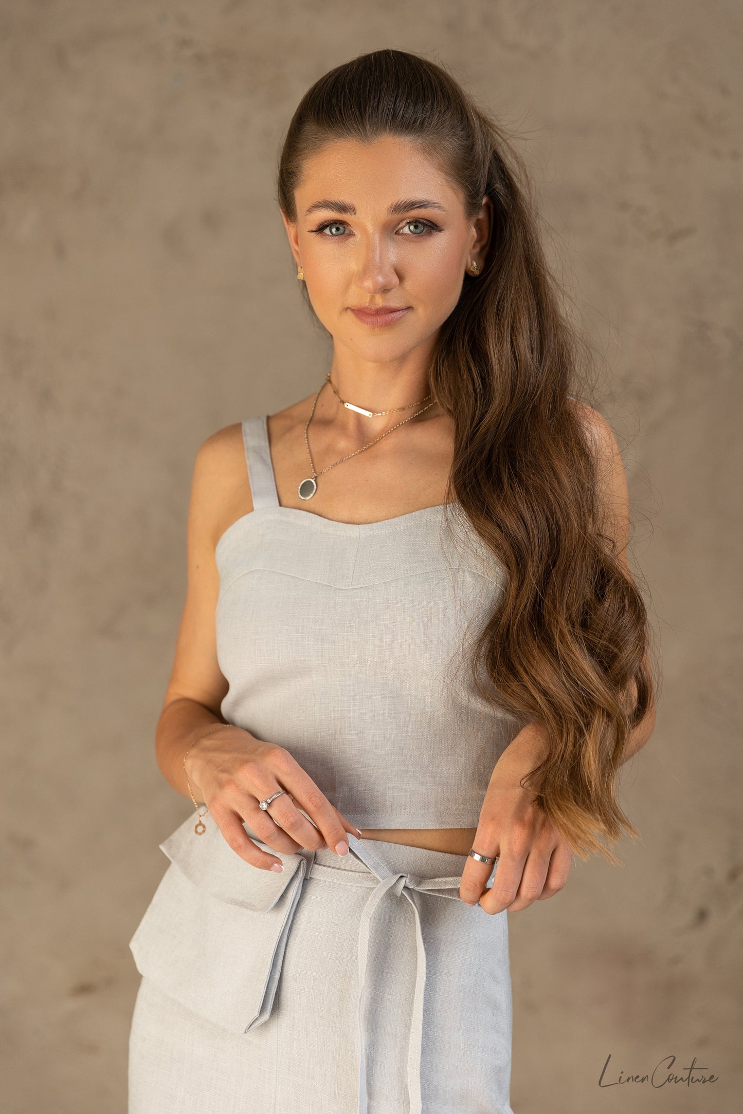 Bella Vita Set in Light Grey | Linen Crop Top and Midi Skirt