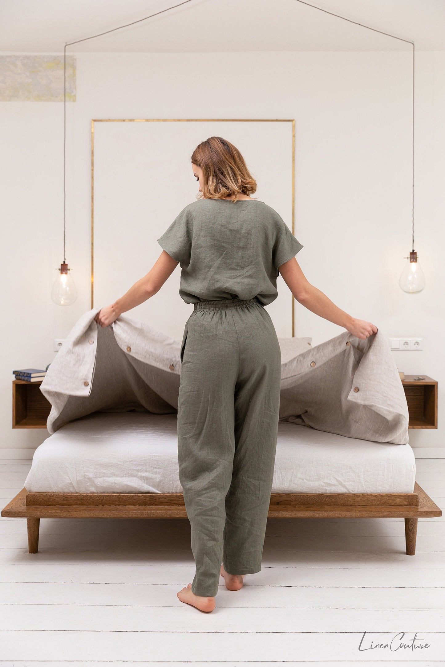 Safari green linen / Natural Linen Pajama set / Linen loungewear /